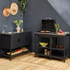 Außenküche aus Edelstahl mit Holzkohlegrill, Spüle und Regal, 3 Elemente