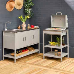 Außenküche aus Edelstahl mit Holzkohlegrill und Spüle, 2 Elemente