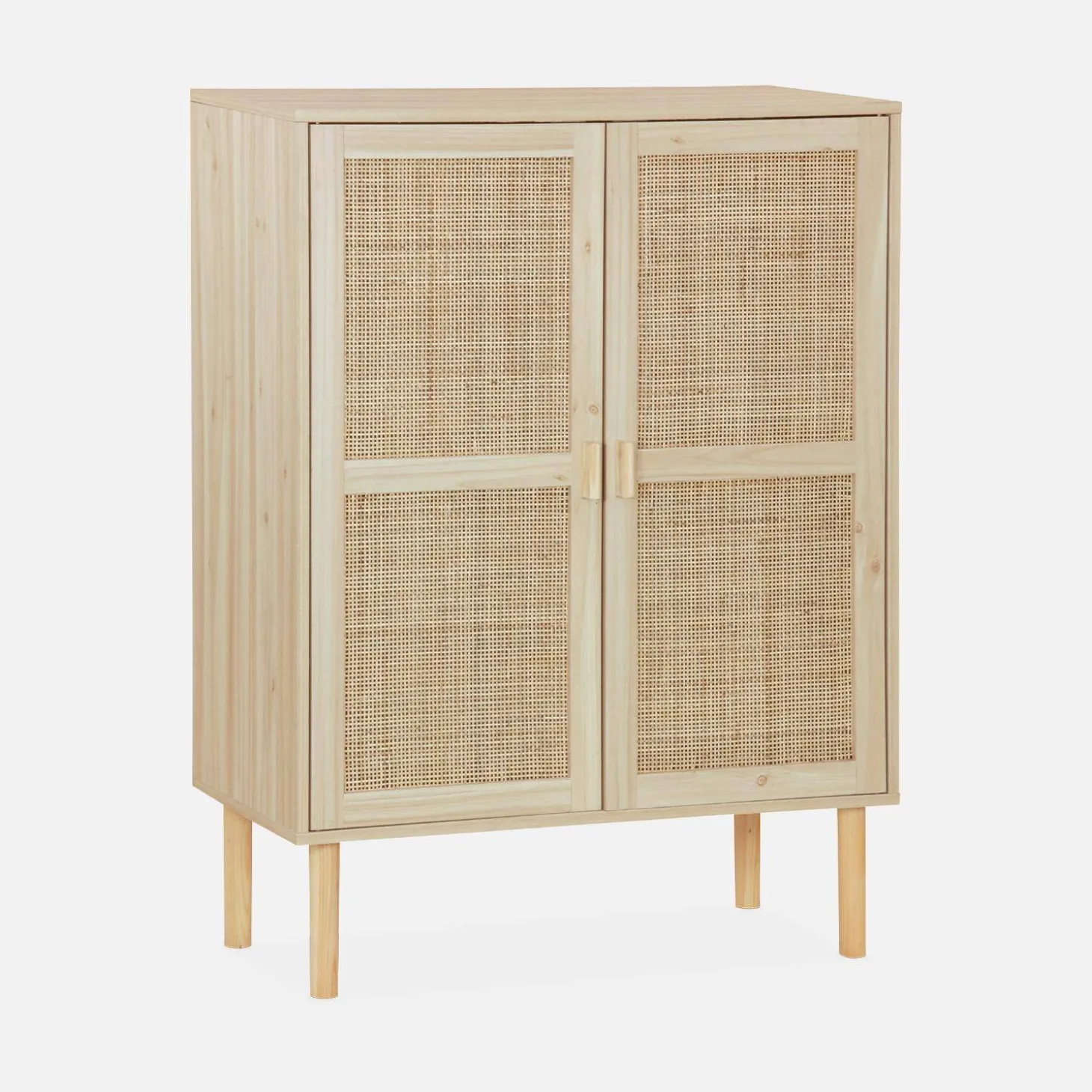 Aufbewahrungsschrank mit Holzoptik und Rattan-Geflecht, 2 Türen
