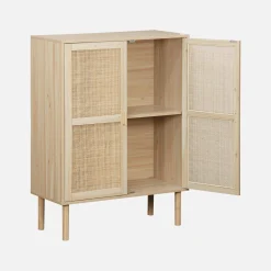 Aufbewahrungsschrank mit Holzoptik und Rattan-Geflecht, 2 Türen