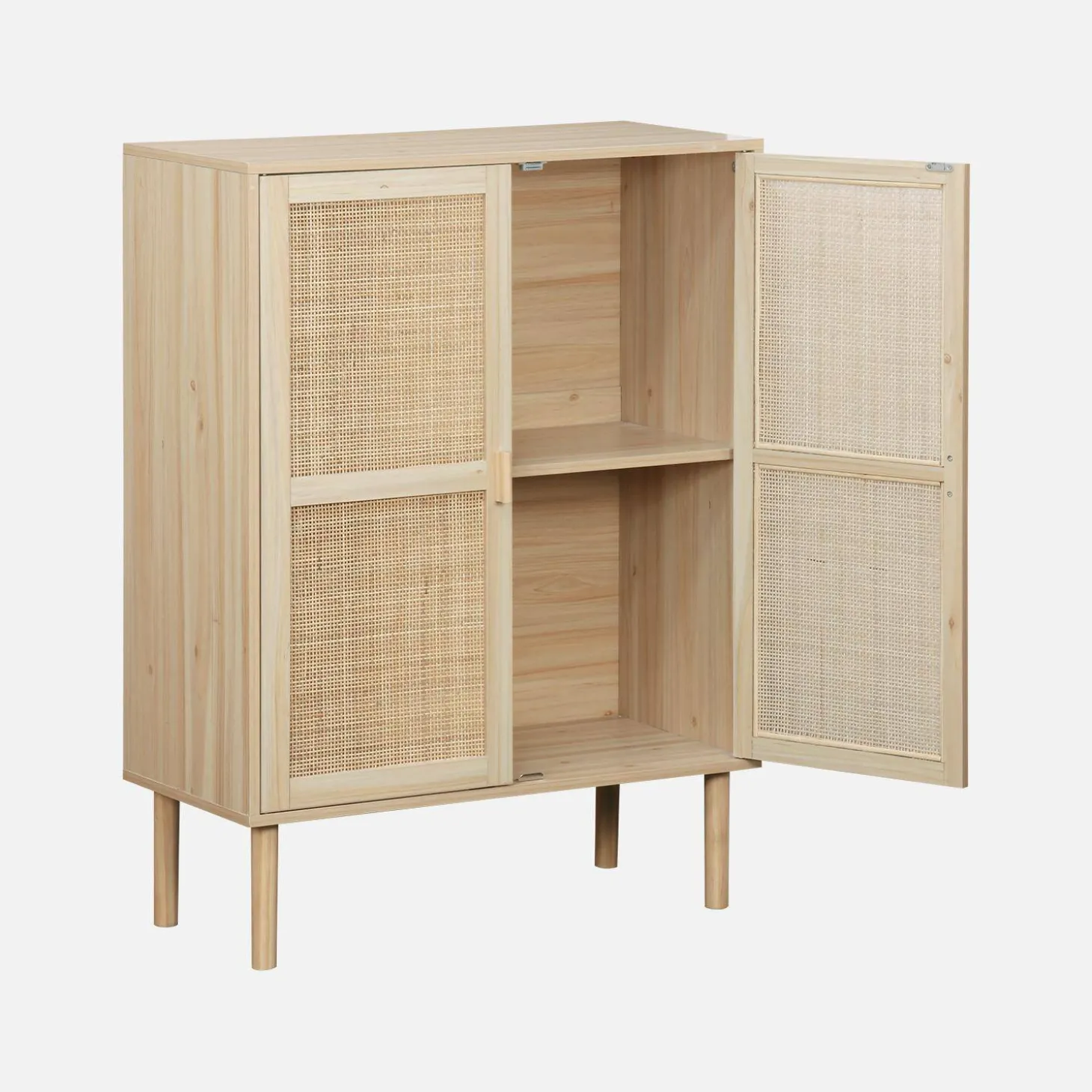 Aufbewahrungsschrank mit Holzoptik und Rattan-Geflecht, 2 Türen