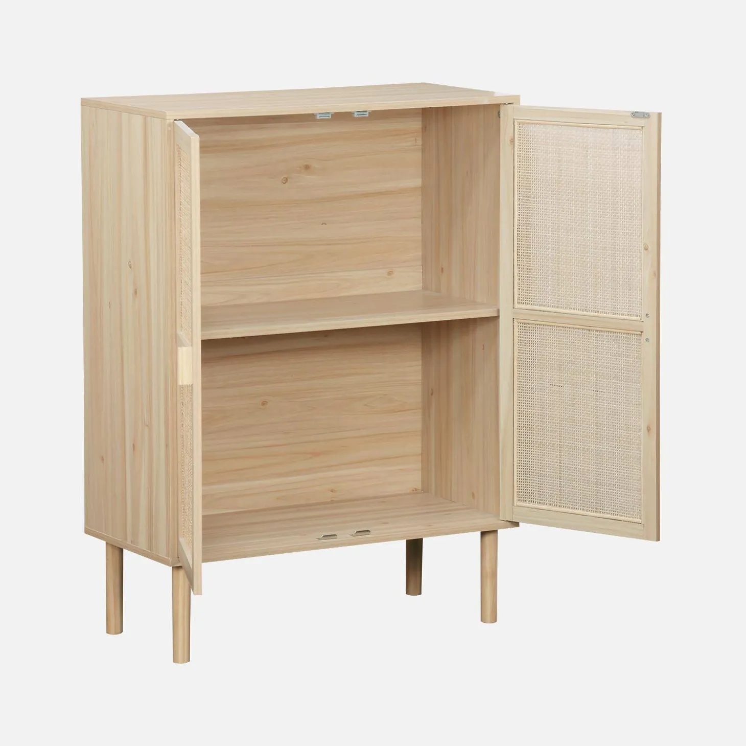Aufbewahrungsschrank mit Holzoptik und Rattan-Geflecht, 2 Türen