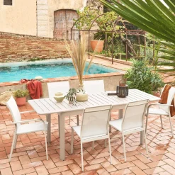Ausziehbarer Gartentisch aus Aluminium, 4 Stühle, 2 Sessel