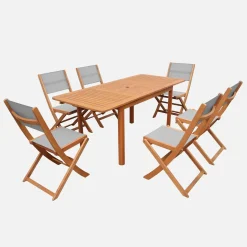 Ausziehbarer Gartentisch aus Eukalyptusholz + 6 Stühle