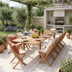 Ausziehbarer Gartentisch aus Eukalyptusholz + 12 Stühle