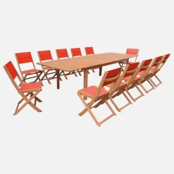 Ausziehbarer Gartentisch aus Eukalyptusholz + 12 Stühle