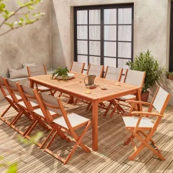 Ausziehbarer Gartentisch aus Holz, 10 Stühle