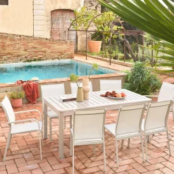 Ausziehbarer Gartentisch, 6 Stühle, 2 Sessel aus Aluminium und Textilene