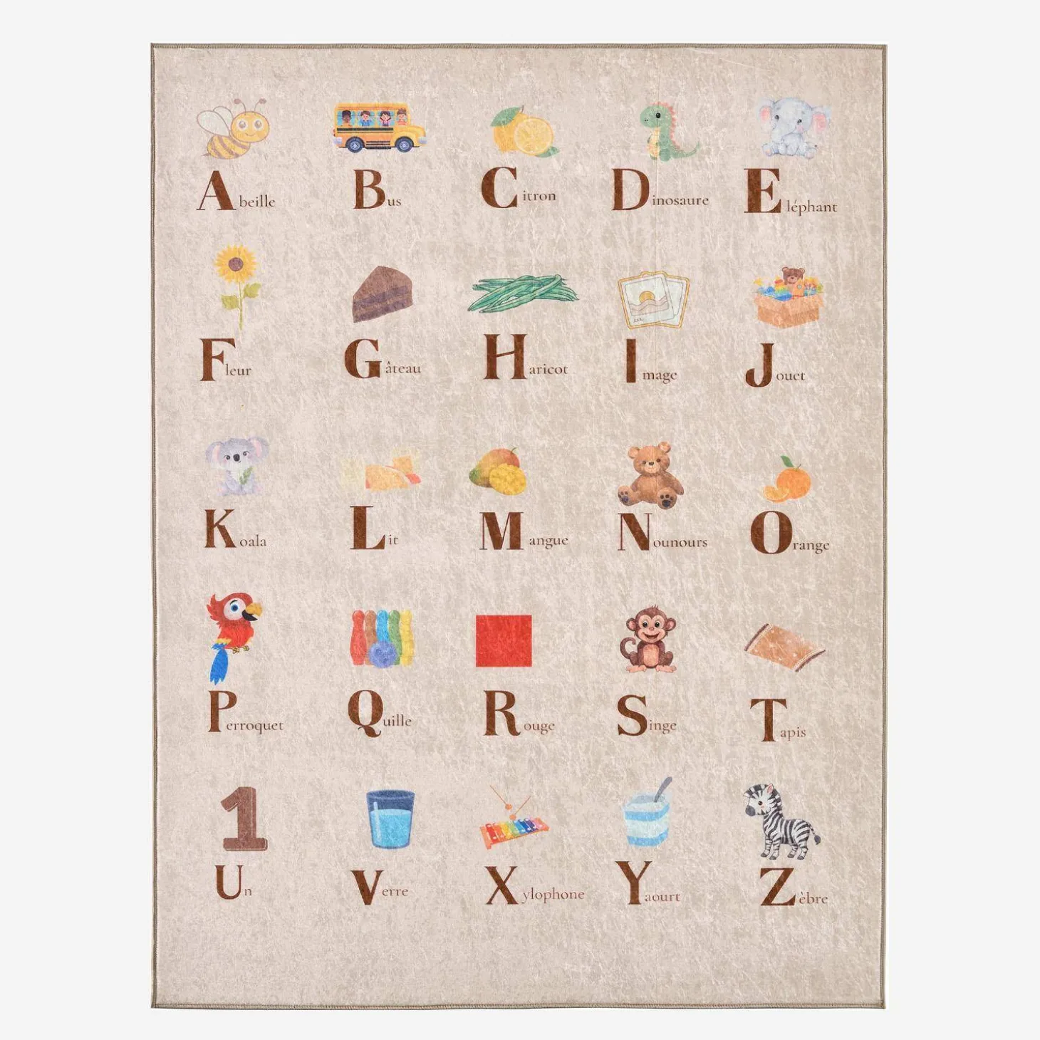 Beiger Kinder-Innenteppich mit französischem Alphabet-Druck