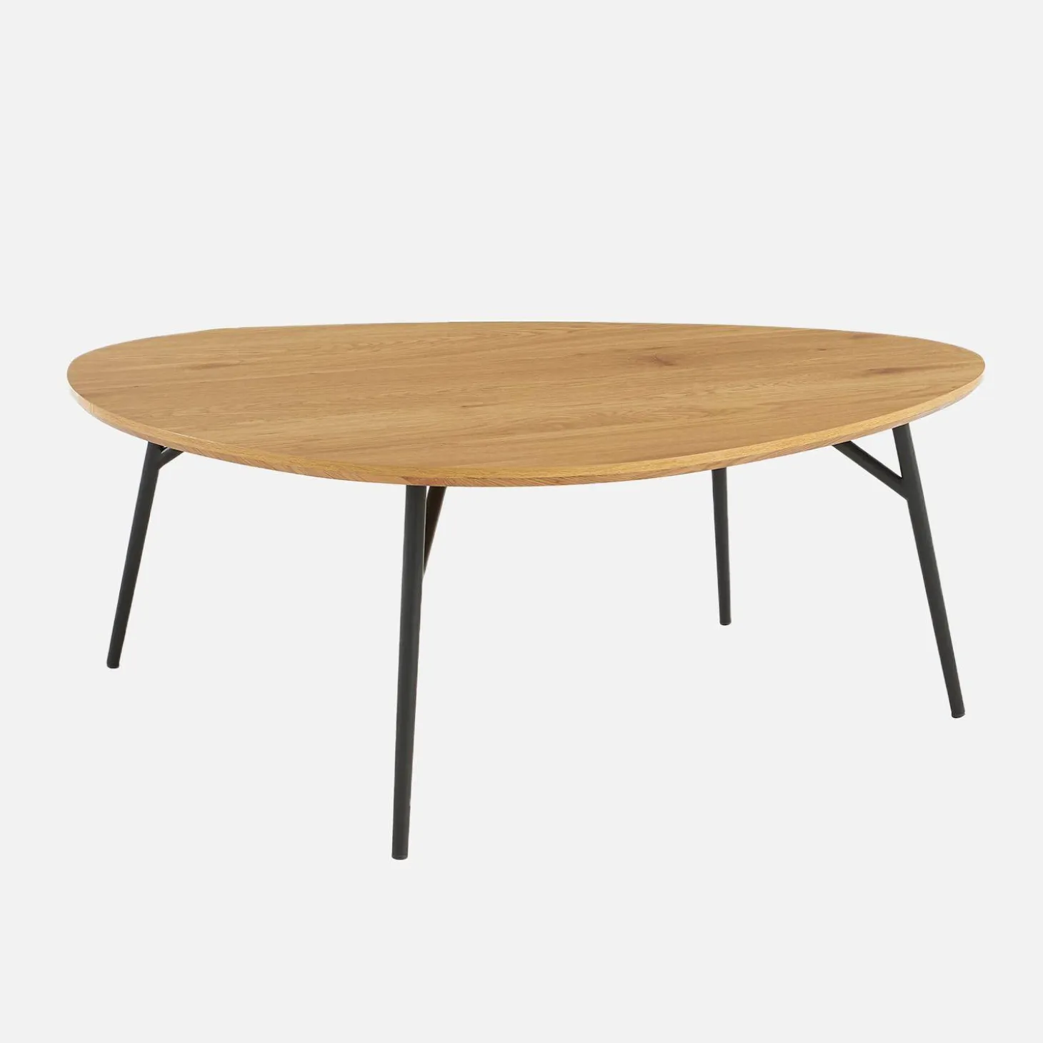 Dreieckiger Couchtisch mit schwarzen Metallbeinen und Eichenlook