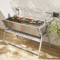 Edelstahl Elektrospieß, schwenkbar, motorisiert, Holzkohle-Grill, mit Abdeckung