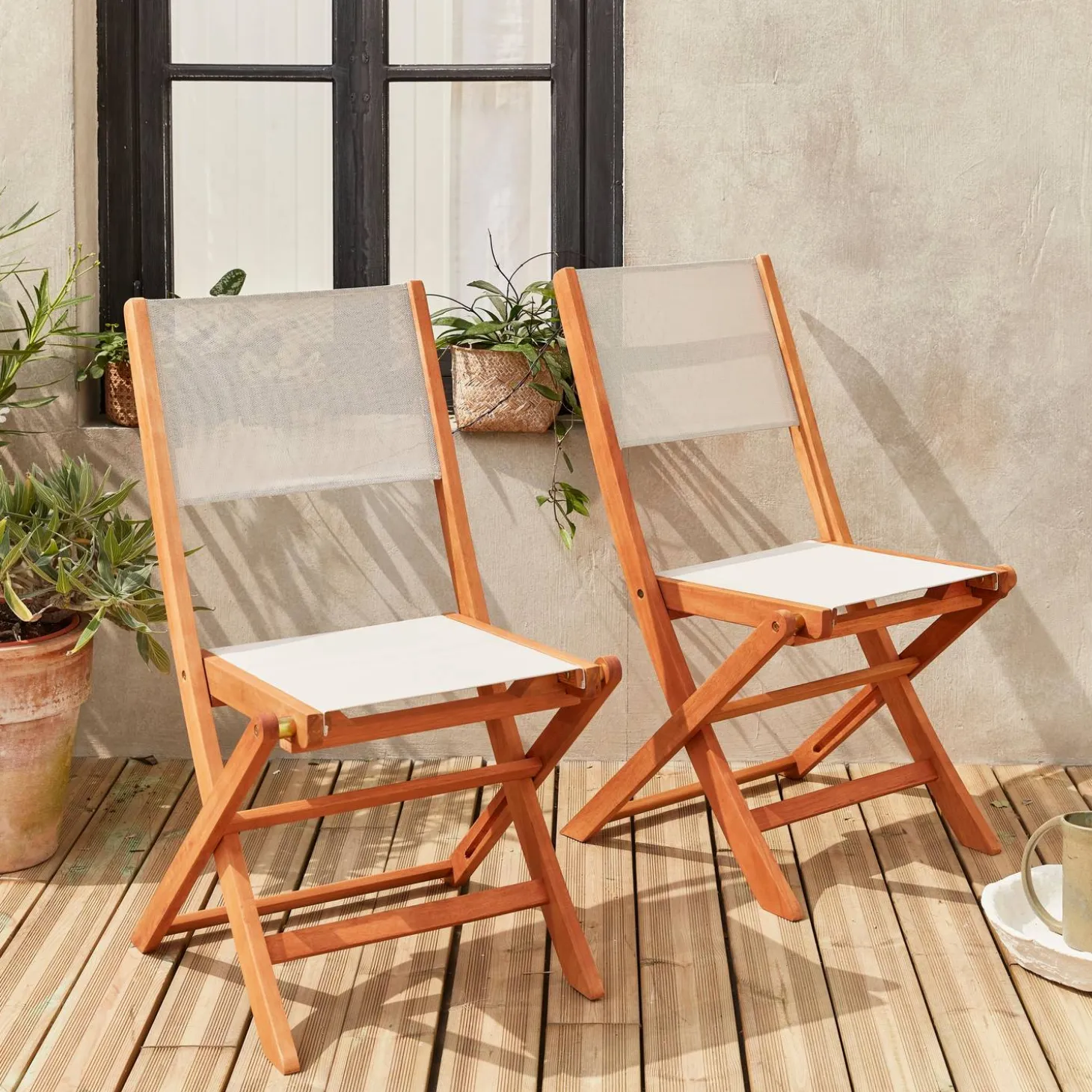 2er Set Gartenstühle Klappstühle, Holz und Textilene