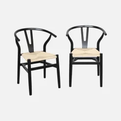 2er-Set Holzstühle mit Sitzfläche aus Seilbespannung