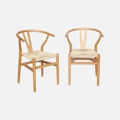 2er-Set Holzstühle mit Sitzfläche aus Seilbespannung