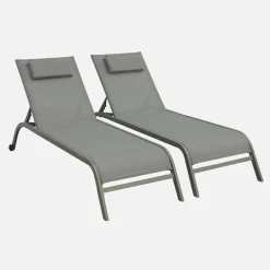 2er-Set Liegestühle aus Stahl mit mehreren Positionen, Kissen und Rollen