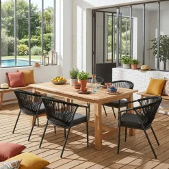4er-Set stapelbare Gartensessel aus Stahl mit Seilbespannung