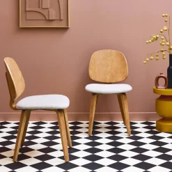 2er-Set Stühle, gewölbtes Holz mit Dekor und Bouclé-Bezug
