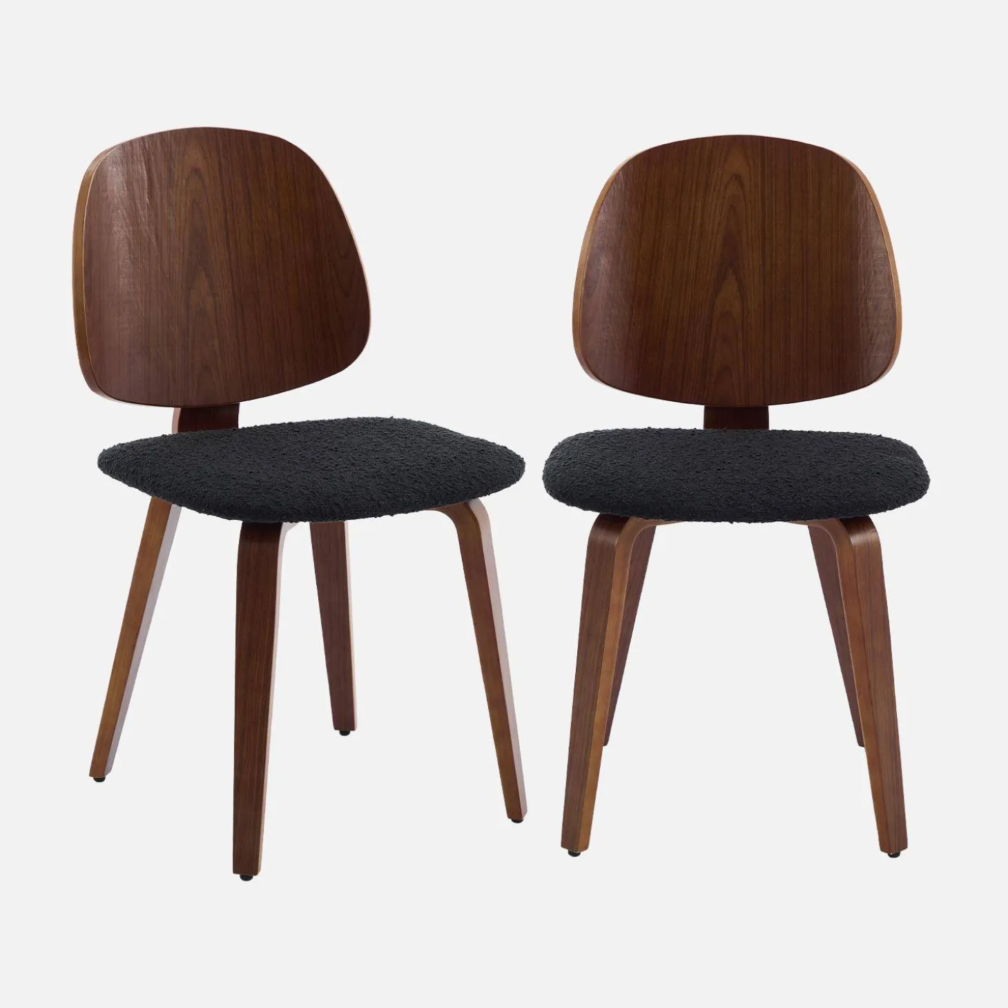 2er-Set Stühle, gewölbtes Holz mit Dekor und Bouclé-Bezug
