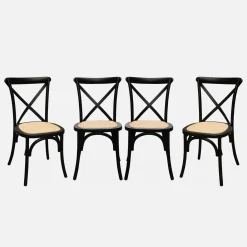 4er-Set Vintage Bistro-Stühle aus Holz mit Rattan