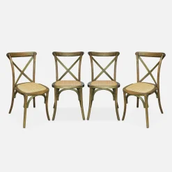 4er-Set Vintage Bistro-Stühle aus Holz mit Rattan