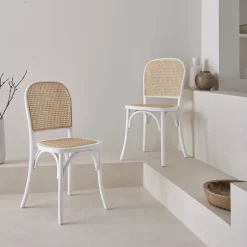 2er-Set Vintage-Stühle aus Holz und Rattan-Geflecht