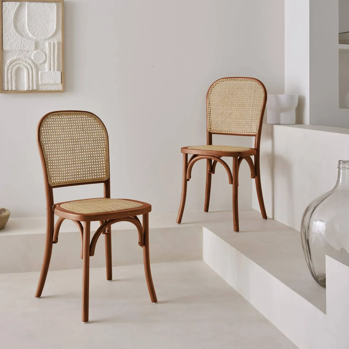 2er-Set Vintage-Stühle aus Holz und Rattan-Geflecht