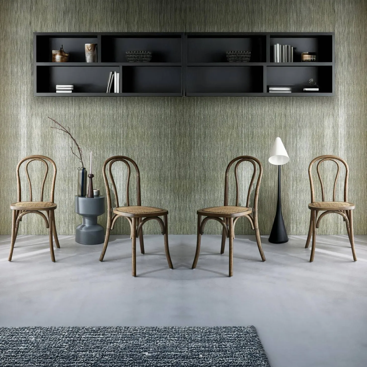 4er-Set Vintage-Stühle aus Holz und Rattan-Geflecht
