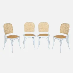 4er-Set Vintage Stühle aus Holz und Rattan-Geflecht