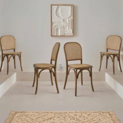 4er-Set Vintage Stühle aus Holz und Rattan-Geflecht