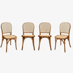 4er-Set Vintage Stühle aus Holz und Rattan-Geflecht