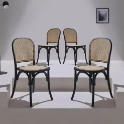 4er-Set Vintage Stühle aus Holz und Rattan-Geflecht