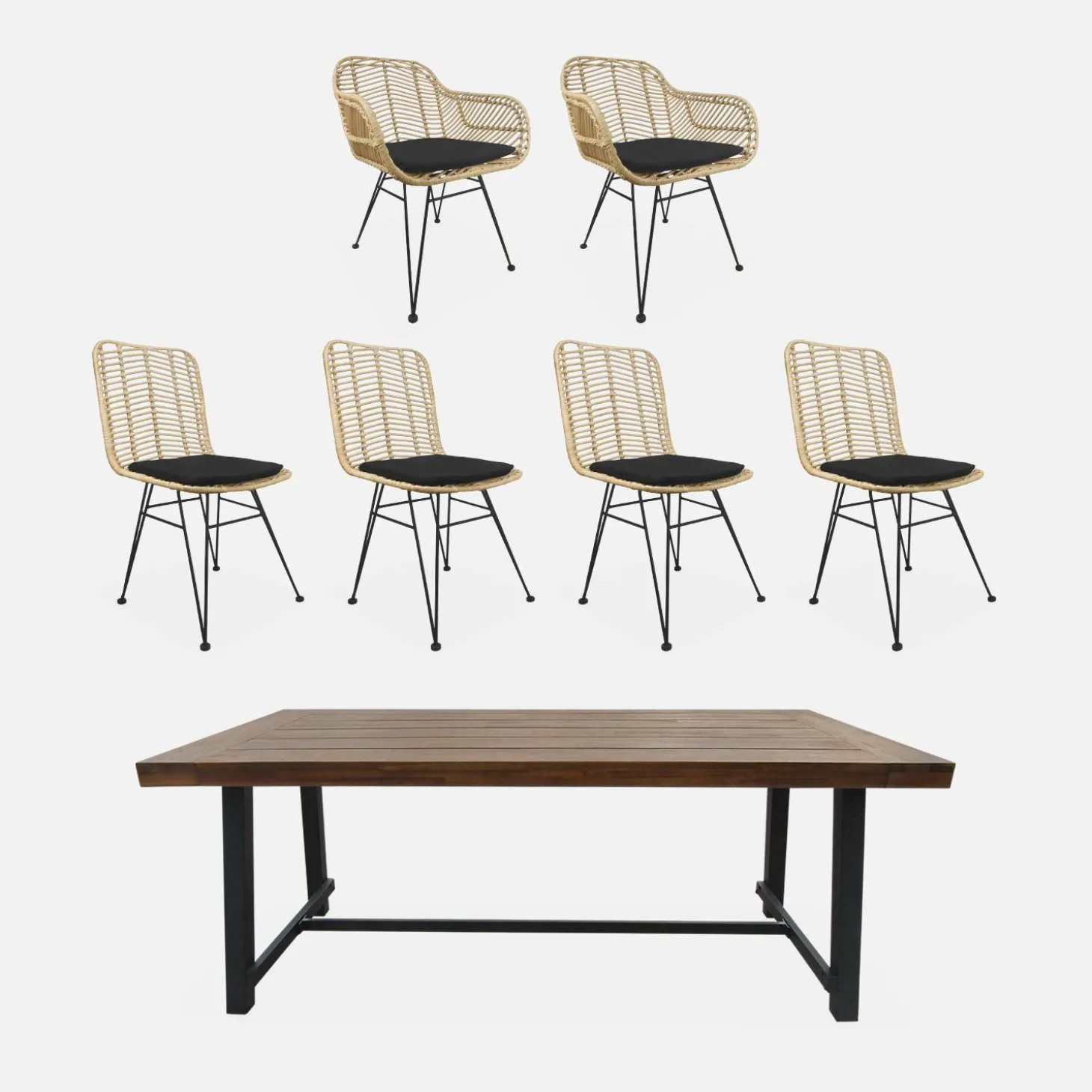 Esstisch aus Holz und Metall, 190 cm + 2 Sessel und 4 Stühle aus Rattan