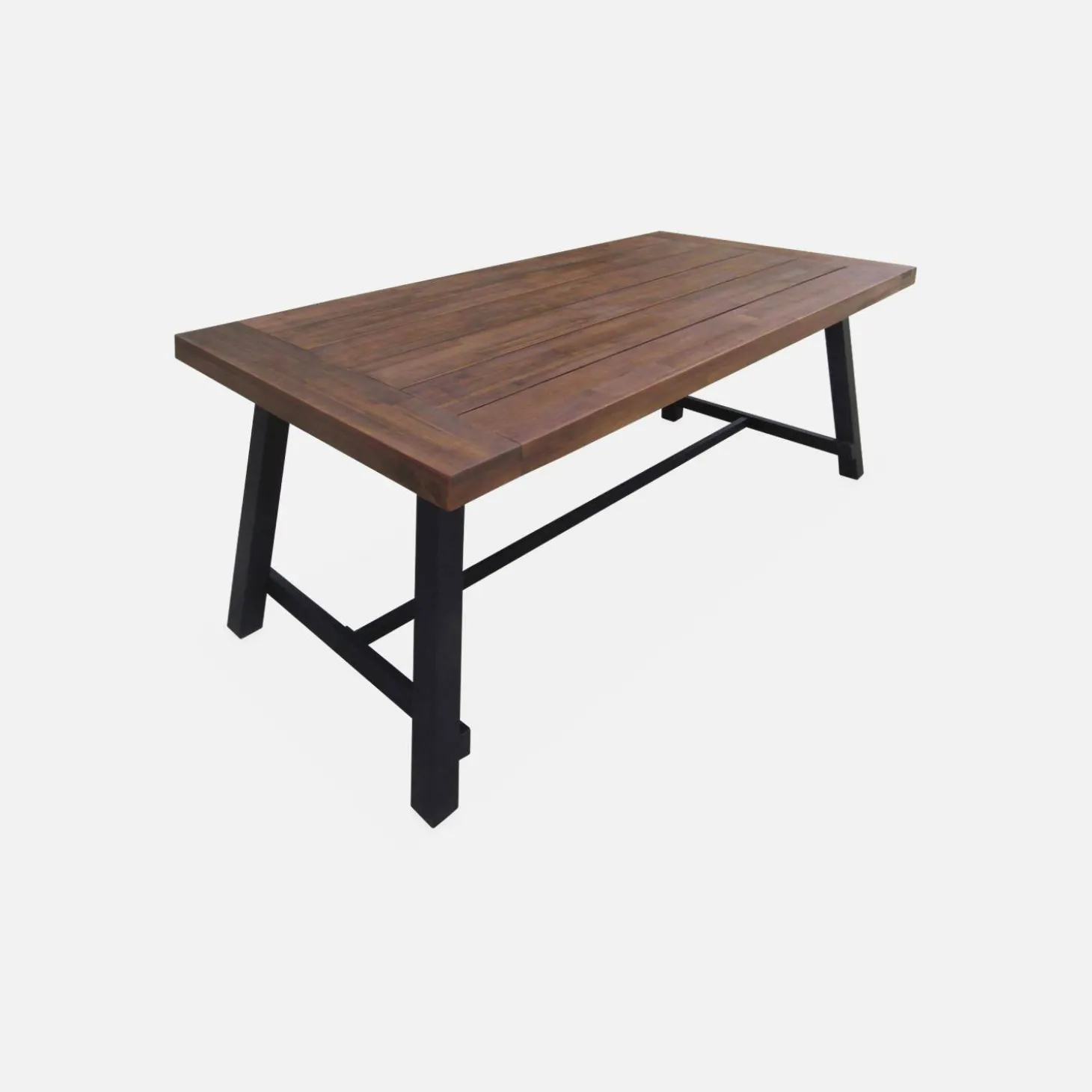 Esstisch aus Holz und Metall, 190 cm + 2 Sessel und 4 Stühle aus Rattan