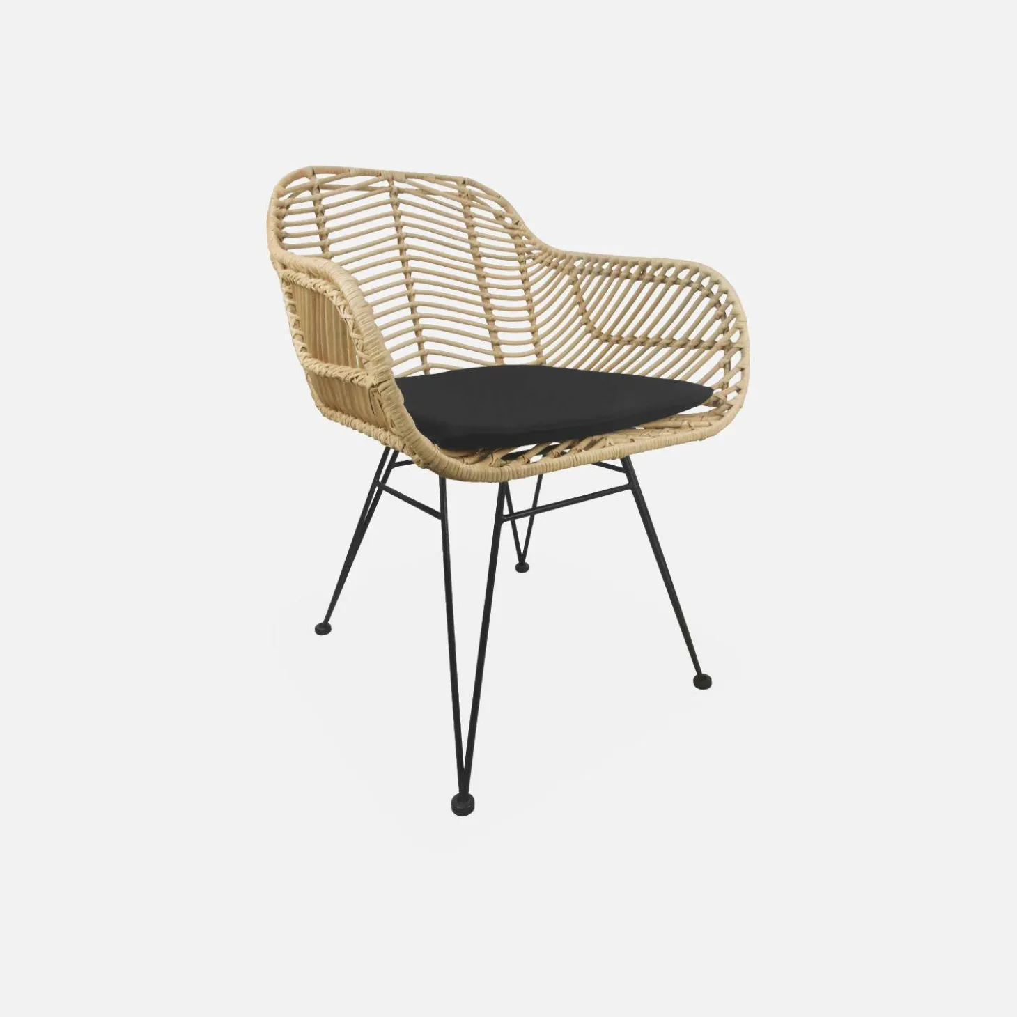 Esstisch aus Holz und Metall, 190 cm + 2 Sessel und 4 Stühle aus Rattan