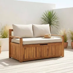 Gartenbank aus Akazienholz mit Kissen und integrierter Truhe 110 L
