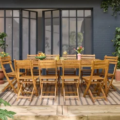 Gartentisch aus Akazie mit abgerundeten Ecken, 10 Stühle