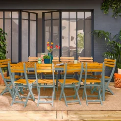 Gartentisch aus Akazie mit abgerundeten Ecken, 10 Stühle