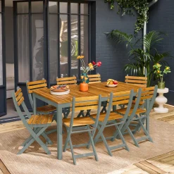 Gartentisch aus Akazie mit abgerundeten Ecken, 8 Stühle