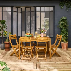 Gartentisch aus Akazienholz mit abgerundeten Ecken, 6 Stühle