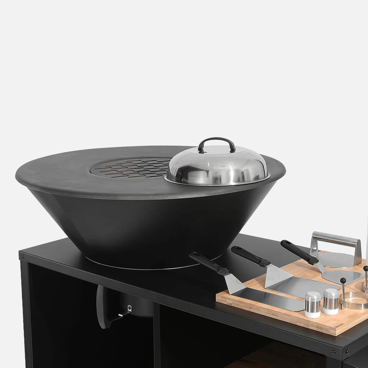 Grill-Feuerschale Ø 80 cm, Servierwagen mit Stauraum, Deckel und Zubehör