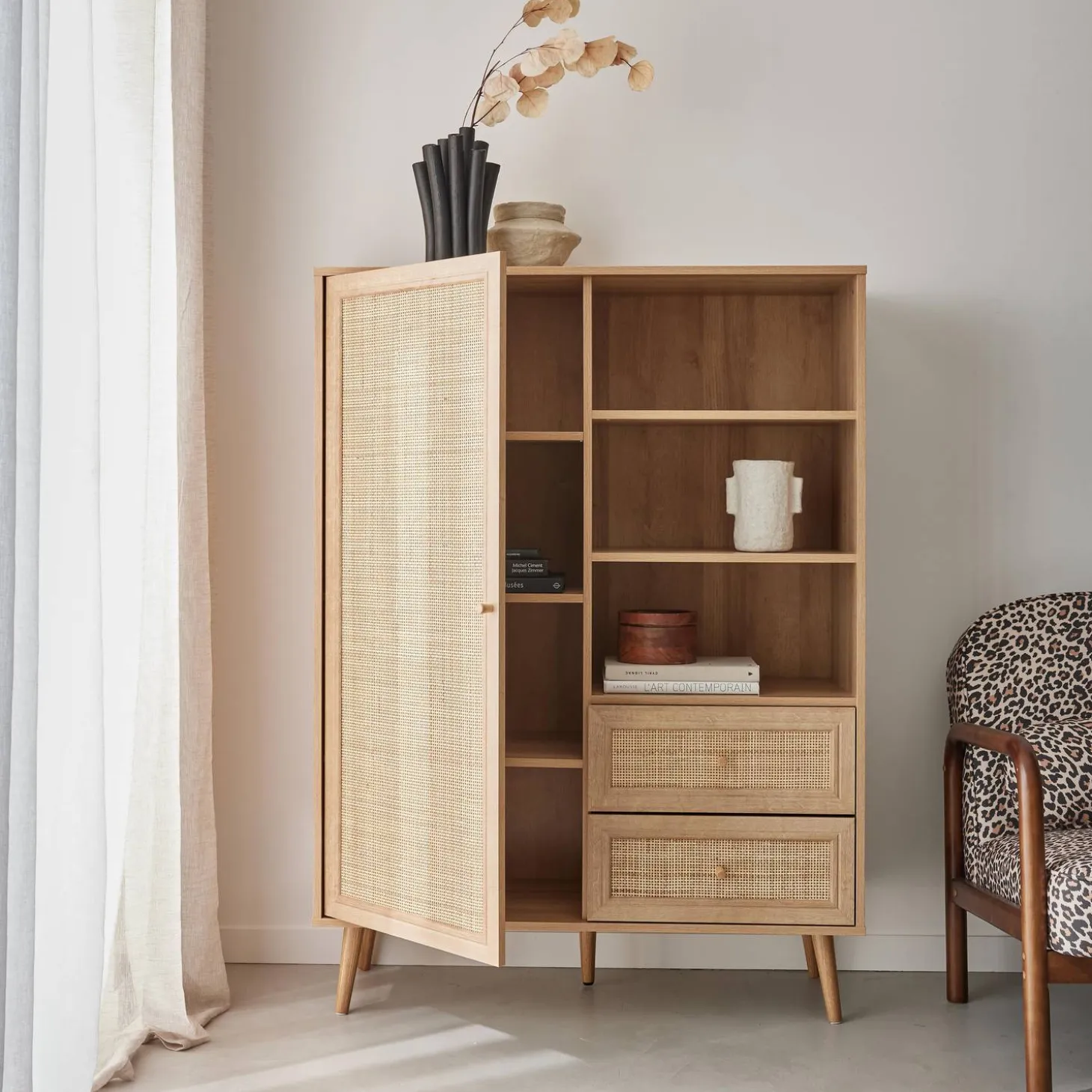 Highboard mit Rattan-Geflecht und Holzdekor 1 Tür, 2 Schubladen