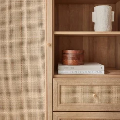 Highboard mit Rattan-Geflecht und Holzdekor 1 Tür, 2 Schubladen