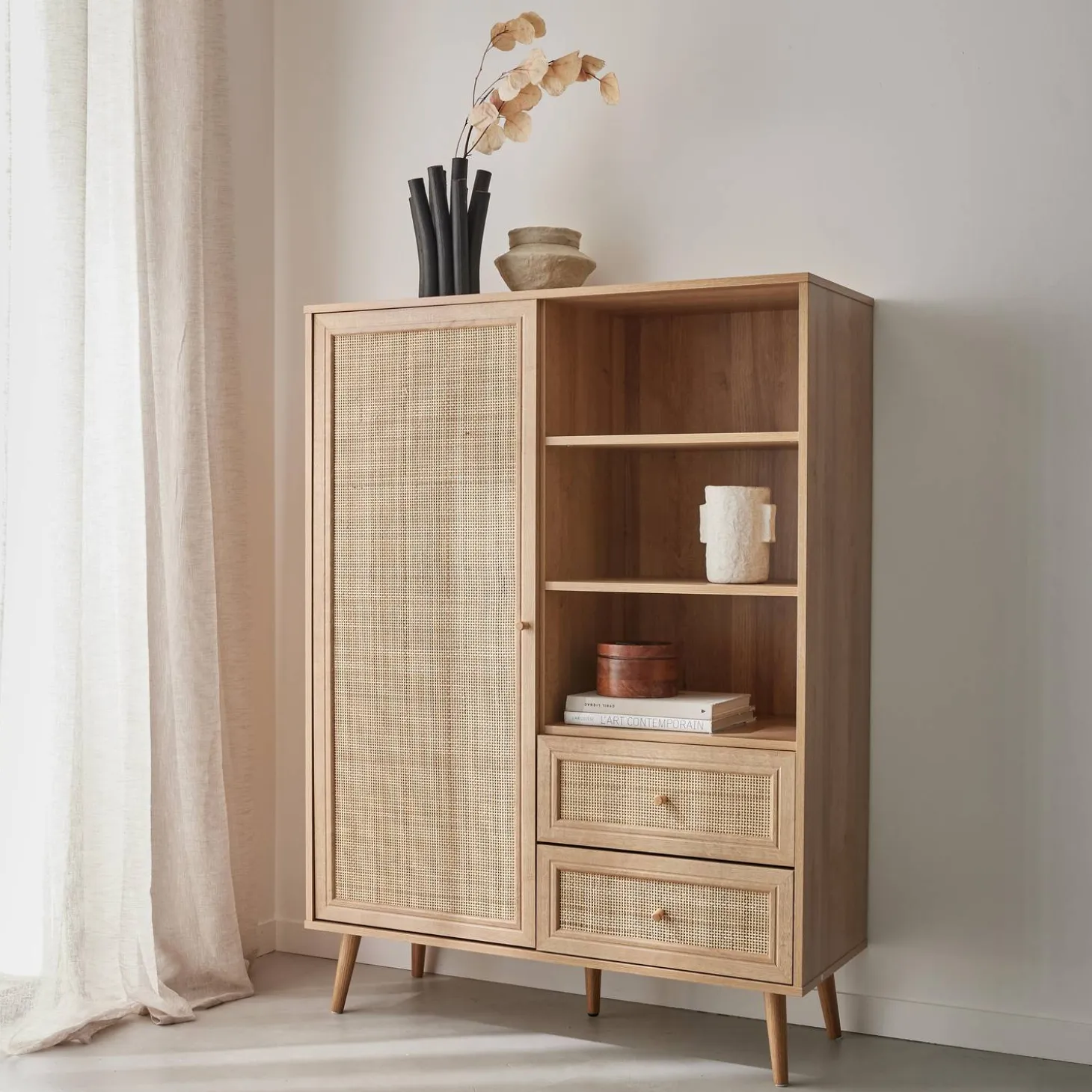 Highboard mit Rattan-Geflecht und Holzdekor 1 Tür, 2 Schubladen
