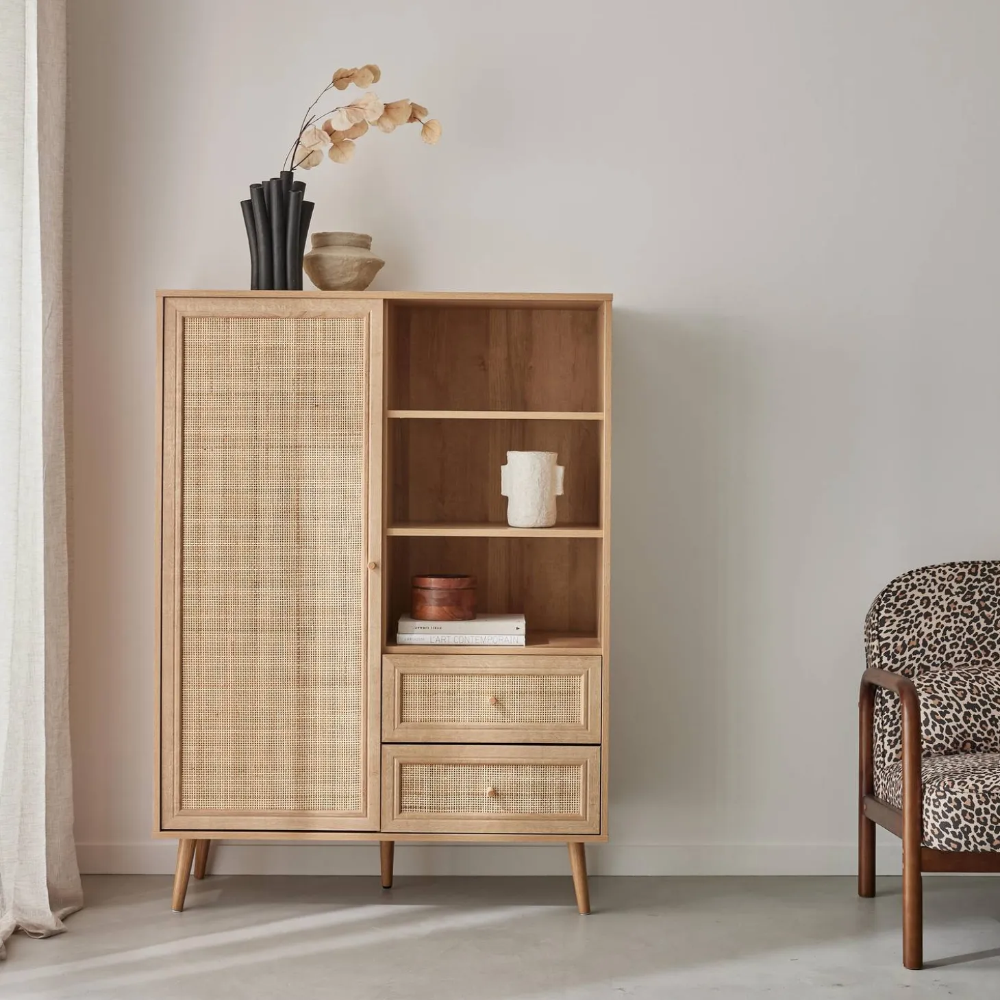 Highboard mit Rattan-Geflecht und Holzdekor 1 Tür, 2 Schubladen