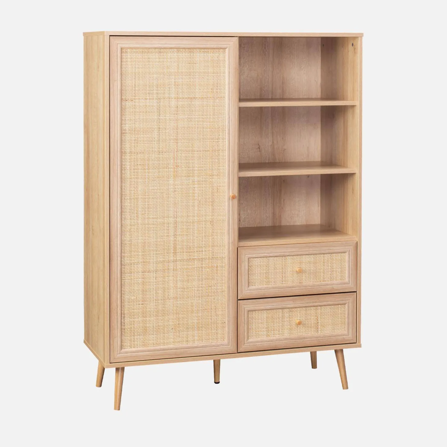 Highboard mit Rattan-Geflecht und Holzdekor 1 Tür, 2 Schubladen