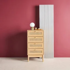 Hochkommode Holzdekor und Rattan-Geflecht 4 Schubladen