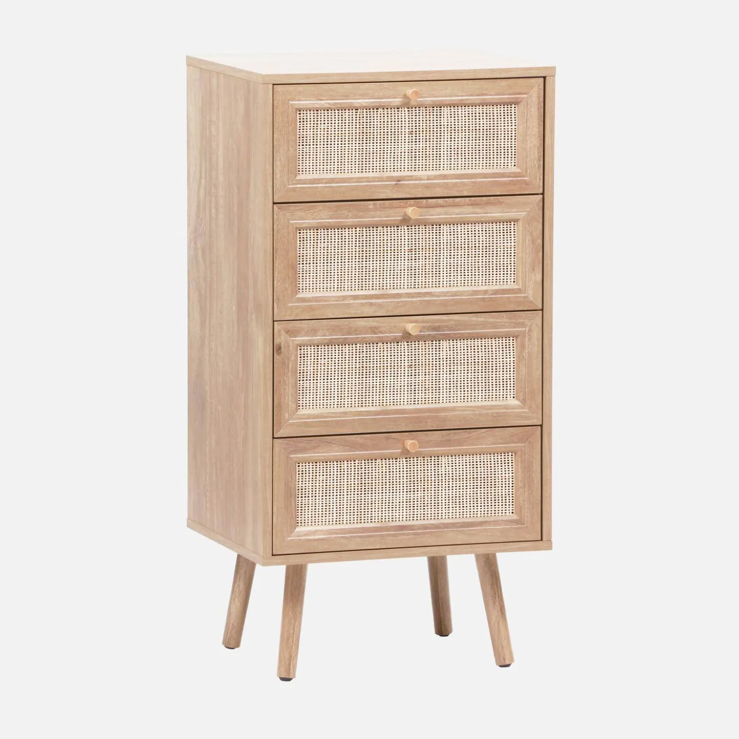 Hochkommode mit Holzdekor, Rattan-Geflecht und 4 Schubladen