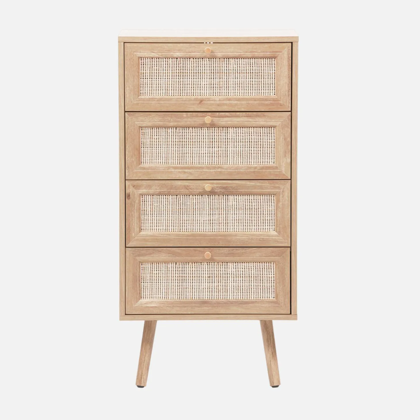 Hochkommode mit Holzdekor, Rattan-Geflecht und 4 Schubladen