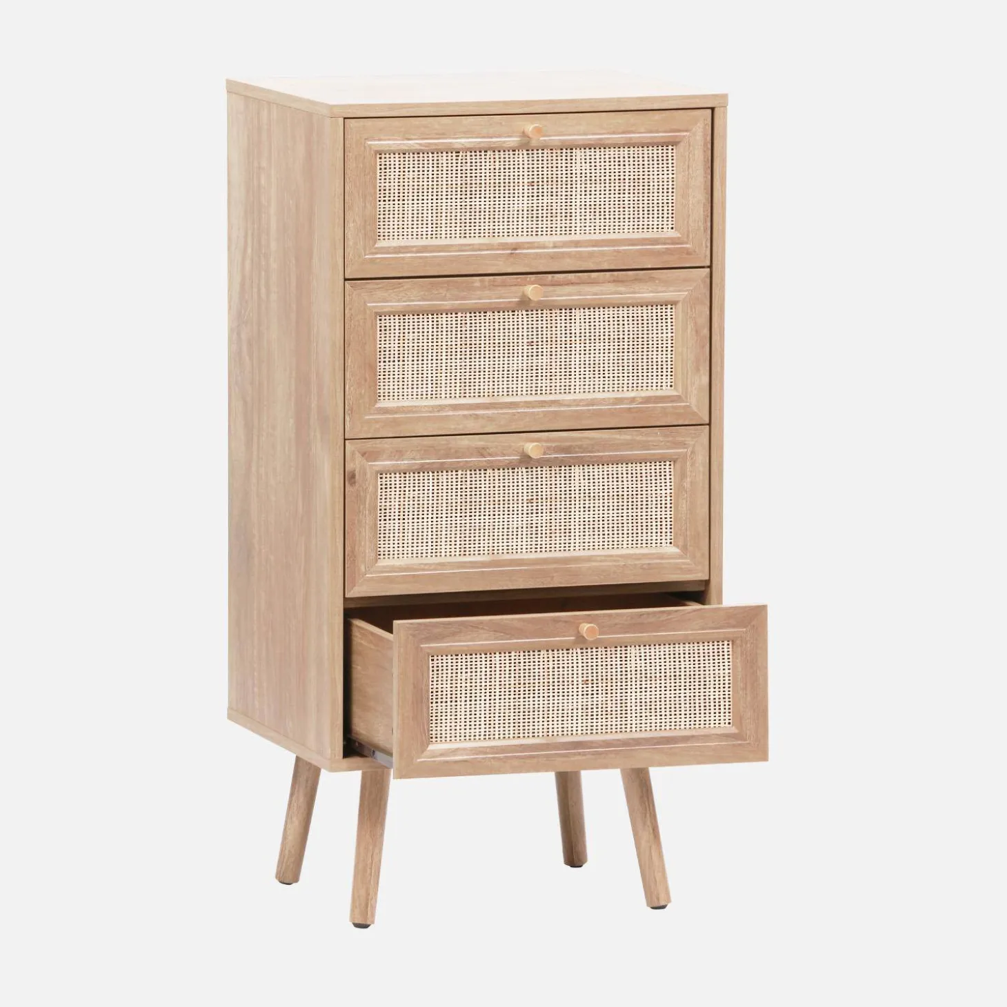 Hochkommode mit Holzdekor, Rattan-Geflecht und 4 Schubladen