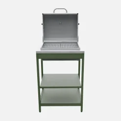 Holzkohlegrill und Räucherofen auf Beinen, 2 Regalböden